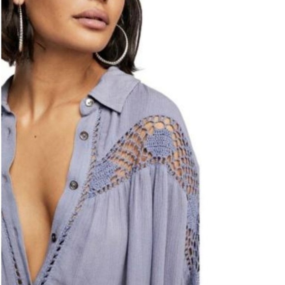 Free People Katie Bird Lace Crochet Inset Long Sleeve Boho Button Front Shirt - Picture 4 of 10